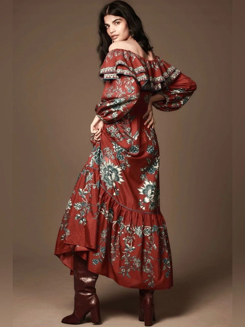 FARM Rio Off-Shoulder Floral Maxi Dress Rust Red Fall Autumn Fashion Sexy Boho